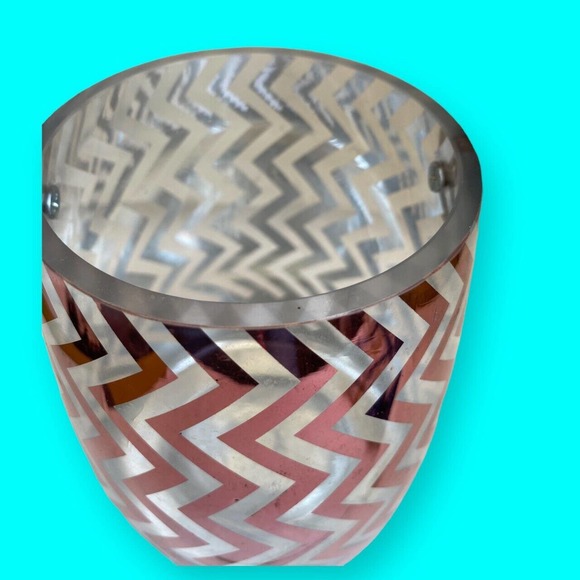 Vintage Leather Handled Glass Ice Bucket Gold Metallic Vertical Zigzag Chevron - Picture 3 of 8